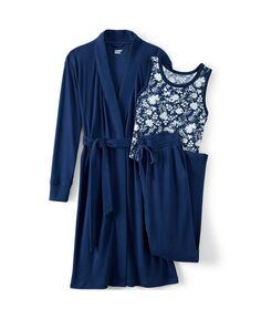 Уютный женский пижамный комплект из трех предметов: халат, верх и брюки Lands&apos; End, синий