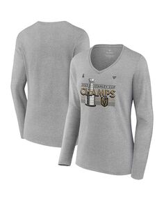 Женская футболка с логотипом Heather Grey Vegas Golden Knights Кубка Стэнли Чемпионов 2023, раздевалка с длинными рукавами и v-образным вырезом Fanatics, серый