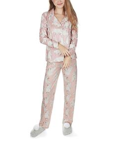 Женский пижамный комплект из смеси хлопка с воротником и воротником «Белые медведи» MeMoi, розовый