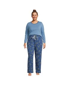 Женский трикотажный пижамный комплект больших размеров, футболка с длинными рукавами и брюки Lands&apos; End, цвет Evening blue starry night cow
