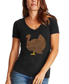 Женская футболка с v-образным вырезом и надписью Word Art на День Благодарения LA Pop Art, черный
