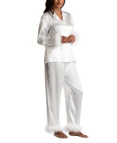Женский атласный пижамный комплект с перьями марабу Linea Donatella, слоновая кость/кремовый