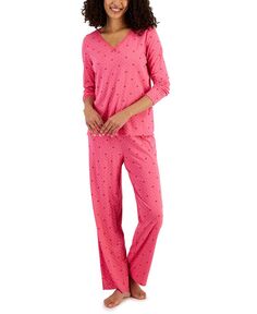 Женский хлопковый пижамный комплект с длинными рукавами и кружевной отделкой Charter Club, цвет Butterfly Dots