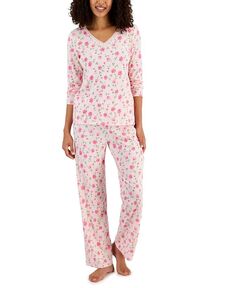 Женский хлопковый пижамный комплект с длинными рукавами и кружевной отделкой Charter Club, цвет Sweet Roses