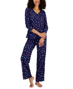 Женский хлопковый пижамный комплект с длинными рукавами и кружевной отделкой Charter Club, синий