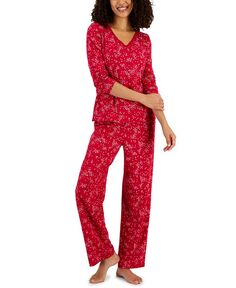 Женский хлопковый пижамный комплект с длинными рукавами и кружевной отделкой Charter Club, красный