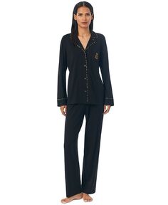 Женские 2 шт. Пижамный комплект с длинными рукавами и зубчатым воротником Lauren Ralph Lauren, черный
