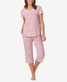 Женский пижамный комплект из топа с короткими рукавами и капри из 2 предметов Aria, цвет Pink, White Multi
