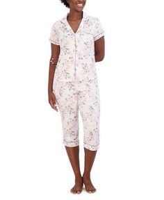 Женский пижамный комплект из топа и брюк с короткими рукавами и воротником-стойкой из 2 предметов Tahari, мультиколор
