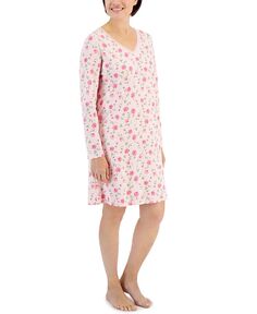 Женская хлопковая ночная рубашка с длинными рукавами и кружевной отделкой Charter Club, цвет Sweet Roses
