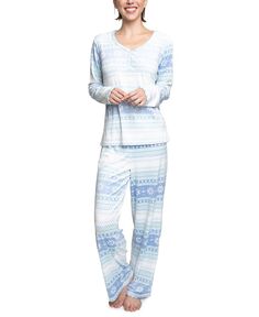 Женские 2 шт. Пижамный комплект Henley с принтом WHITE ORCHID, цвет Blue Fairisle