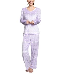 Женские 2 шт. Пижамный комплект Henley с принтом WHITE ORCHID, фиолетовый