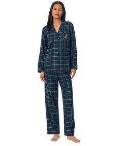 Женские 2 шт. Пижамный комплект с длинными рукавами и зубчатым воротником Lauren Ralph Lauren, цвет Green Plaid