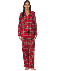 Женские 2 шт. Пижамный комплект с длинными рукавами и зубчатым воротником Lauren Ralph Lauren, цвет Red Plaid