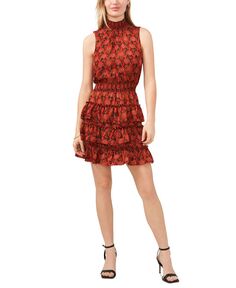 Женское ярусное мини-платье с воротником-стойкой и принтом 1.STATE, красный