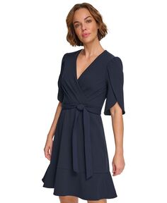 Платье Petite с перекрестным вырезом и рукавами-тюльпанами DKNY, синий