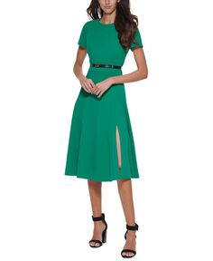 Женское платье миди с короткими рукавами и поясом Calvin Klein, зеленый