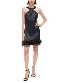 Женское платье прямого кроя с закрученным вырезом и отделкой перьями Eliza J, черный