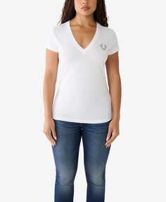 Женская футболка с короткими рукавами и V-образным вырезом с бриллиантами True Religion, белый