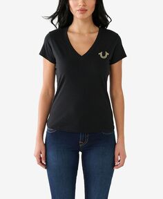 Женская футболка с коротким рукавом Crystal Buddha Slim с v-образным вырезом True Religion, черный