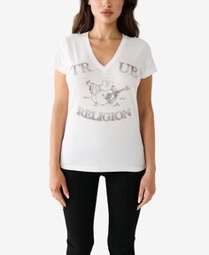 Женская футболка с коротким рукавом и кристаллами, тонкий V-образный вырез True Religion, белый
