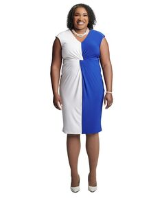 Платье больших размеров с перекрученным передом и рукавами-крылышками Kasper, цвет Royal Blue/white