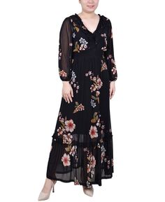 Миниатюрное сетчатое платье макси с длинными рукавами NY Collection, цвет Black Floral