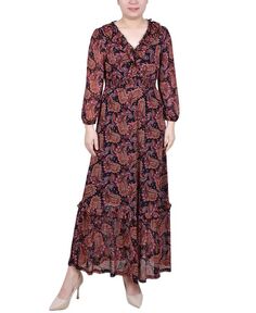 Миниатюрное сетчатое платье макси с длинными рукавами NY Collection, цвет Black Rust Paisley