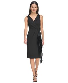 Женское платье миди без рукавов с v-образным вырезом и бахромой DKNY, черный