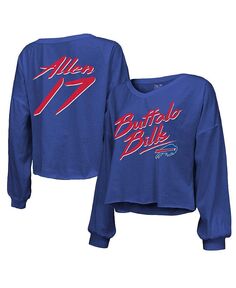 Женские нитки Josh Allen Royal, рваная футболка Buffalo Bills с именем и номером, с открытыми плечами и надписью, укороченная футболка с длинными рукавами и v-образным вырезом Majestic, синий