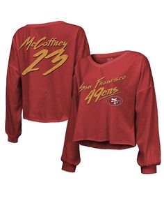 Женские нитки Christian McCaffrey Scarlet San Francisco 49ers Имя и номер Укороченная футболка с открытыми плечами и длинными рукавами с v-образным вырезом Majestic, красный