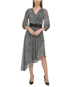 Женское шифоновое платье миди с твидовым принтом и поясом KARL LAGERFELD PARIS, черный