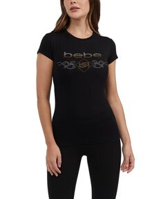 Женская футболка с коротким рукавом с логотипом и стразами Bebe, цвет Black