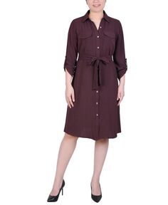 Платье-рубашка Petite с длинными рукавами-роллерами NY Collection, коричневый