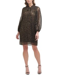 Плиссированное платье Petite с леопардовым принтом и завязками на шее DKNY, золото