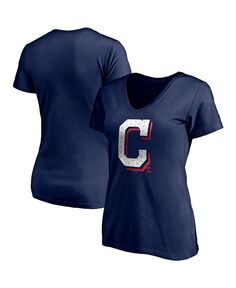 Женская темно-синяя футболка с логотипом Cleveland Guardians, красно-белая футболка с v-образным вырезом Team Fanatics, синий