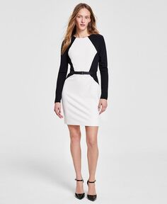 Женское платье с длинными рукавами и поясом с цветными блоками DKNY, белый