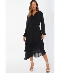 Женское черное платье с поясом-цепочкой и длинными рукавами QUIZ, черный