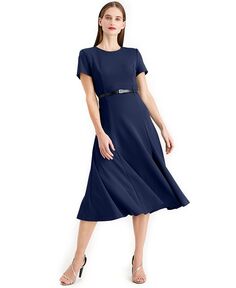 Женские модели с поясом Fit &amp; Расклешенное платье-миди Calvin Klein, синий