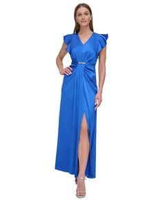 Женское атласное платье с v-образным вырезом и оборками на рукавах DKNY, синий