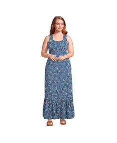 Женское многоуровневое платье макси из хлопка с квадратным вырезом и модалом больших размеров Lands&apos; End, цвет Baltic teal ditsy floral