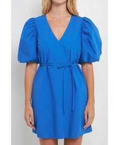 Женское мини-платье прямого кроя с пышными рукавами English Factory, синий