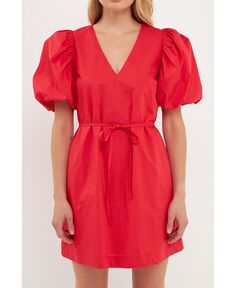 Женское мини-платье прямого кроя с пышными рукавами English Factory, красный