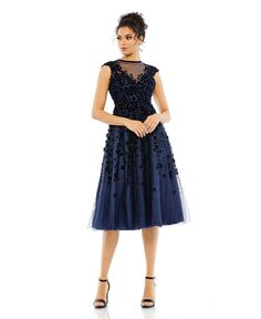 Женское платье миди с высоким воротом и рукавами-крылышками, украшенным иллюзией Mac Duggal, синий