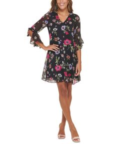 Женское шифоновое платье с рукавом 3/4 с принтом Calvin Klein, цвет Berry Multi
