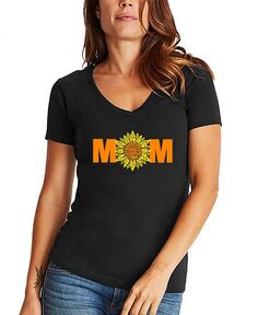 Женская футболка с v-образным вырезом и надписью Mom Sunflower Word Art LA Pop Art, черный