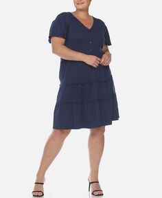 Многоуровневое платье больших размеров с короткими рукавами и V-образным вырезом White Mark, синий