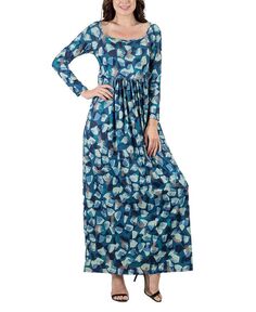 Женское плиссированное платье макси с абстрактным длинным рукавом 24seven Comfort Apparel, синий