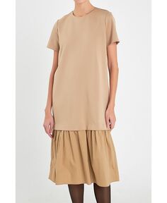 Женское платье-миди-футболка смешанной техники English Factory, тан/бежевый