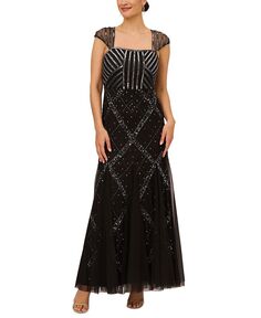 Женское украшенное платье с квадратным вырезом и короткими рукавами Papell Studio, черный